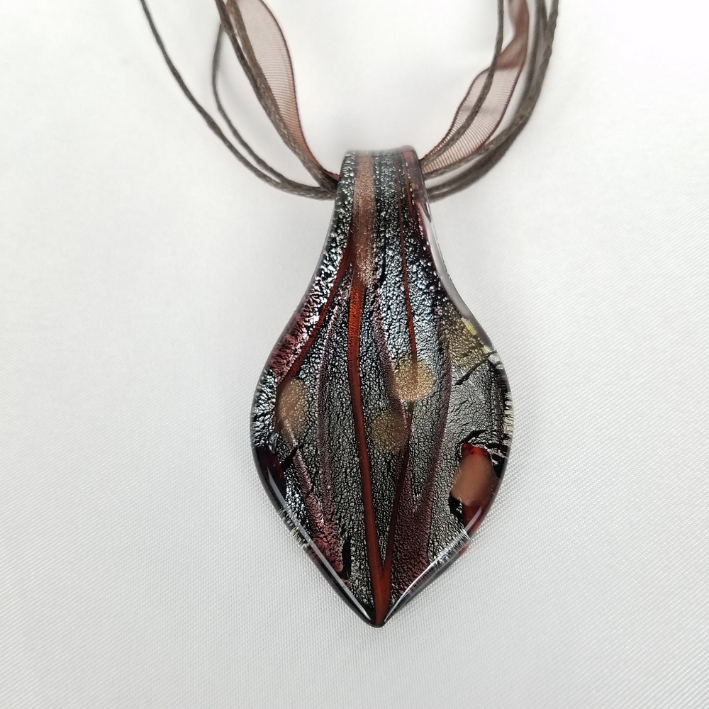 Dichroic Art Glass Leaf Shaped Pendant Necklace Multi Strand Ribbon Cord 17" 18"